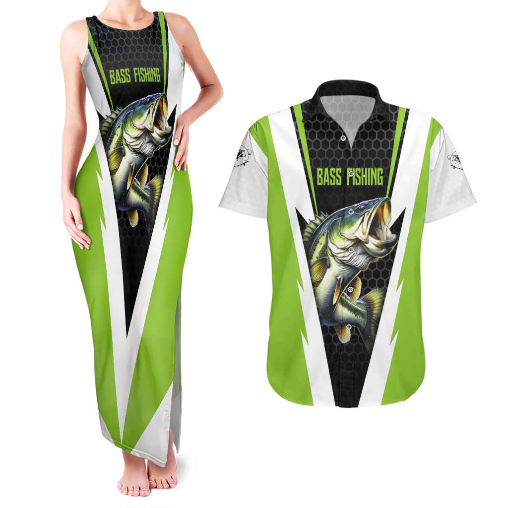 Personalized Custom Bass Fishing Couples Matching Tank Maxi Dress and Hawaiian Shirt Jumping Fish Graphic and Green Black Honeycomb - Wonder Print Shop