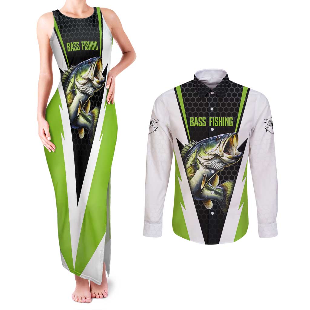 Personalized Custom Bass Fishing Couples Matching Tank Maxi Dress and Long Sleeve Button Shirt Jumping Fish Graphic and Green Black Honeycomb - Wonder Print Shop