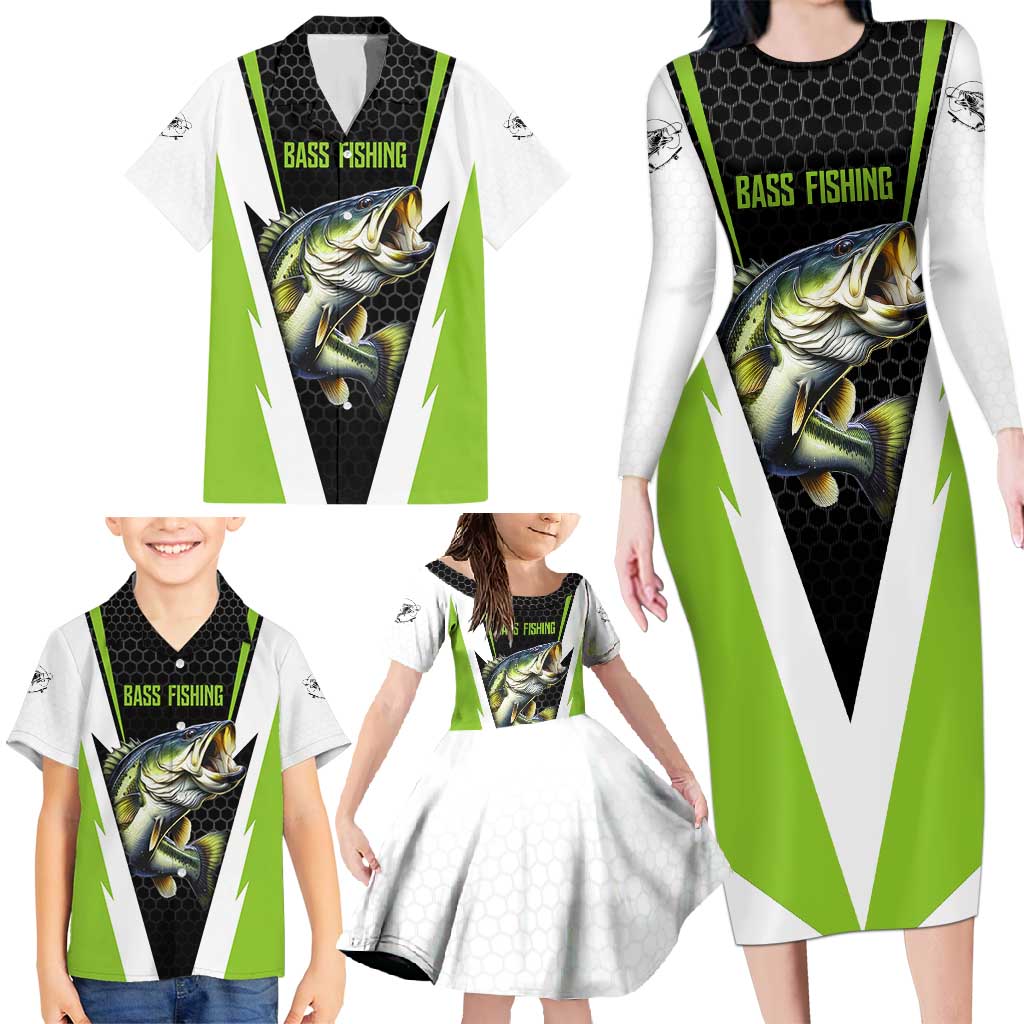Personalized Custom Bass Fishing Family Matching Long Sleeve Bodycon Dress and Hawaiian Shirt Jumping Fish Graphic and Green Black Honeycomb - Wonder Print Shop