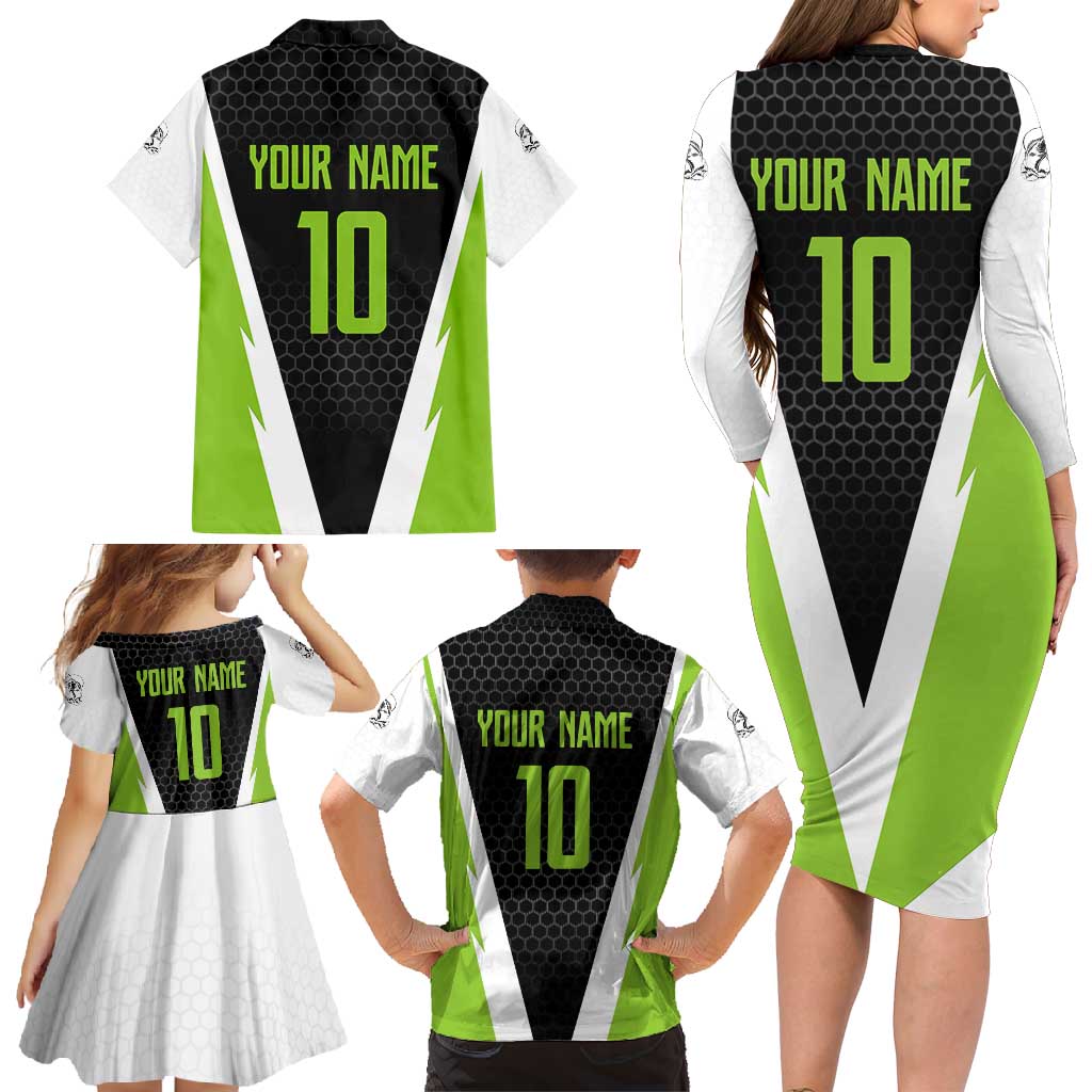 Personalized Custom Bass Fishing Family Matching Long Sleeve Bodycon Dress and Hawaiian Shirt Jumping Fish Graphic and Green Black Honeycomb - Wonder Print Shop