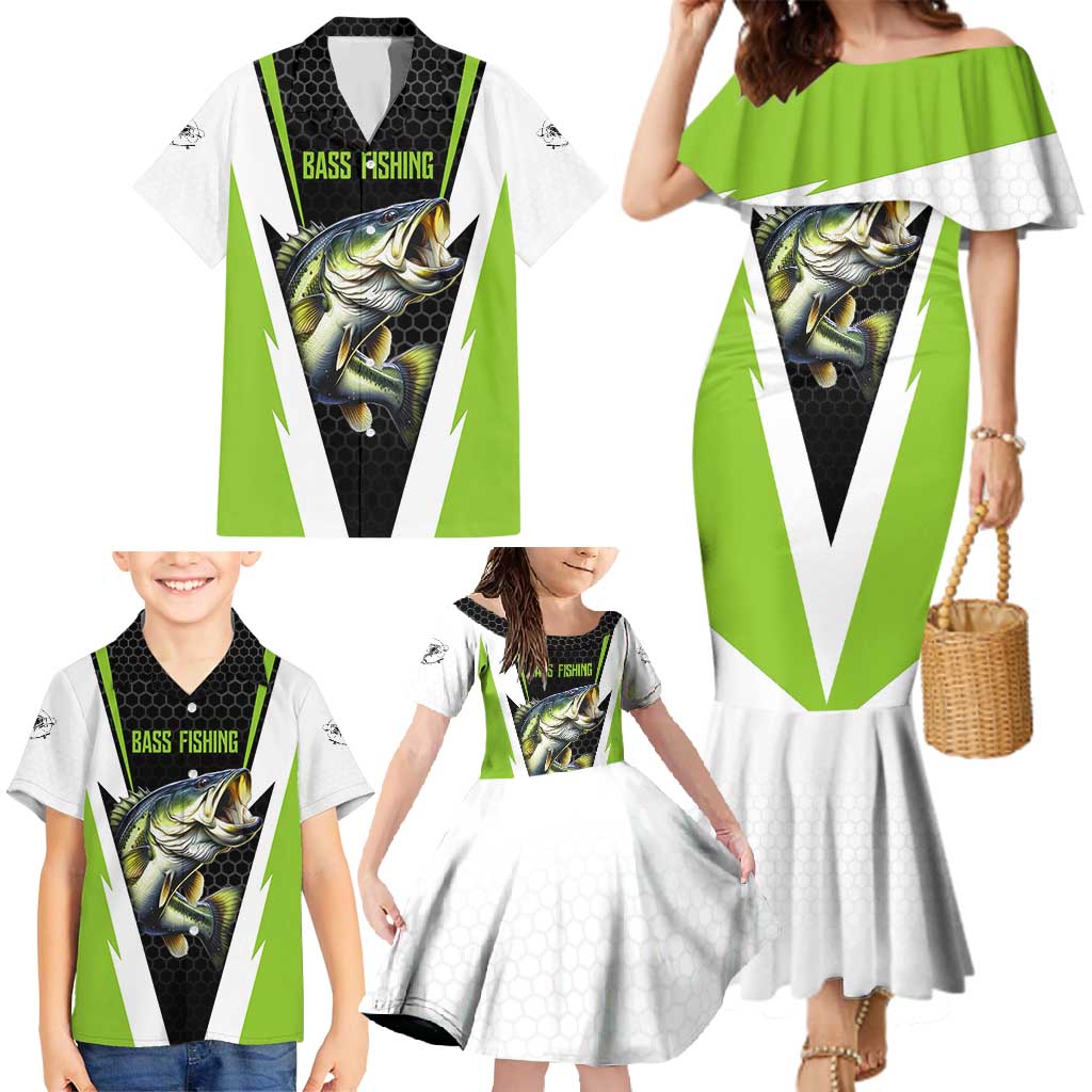 Personalized Custom Bass Fishing Family Matching Mermaid Dress and Hawaiian Shirt Jumping Fish Graphic and Green Black Honeycomb - Wonder Print Shop