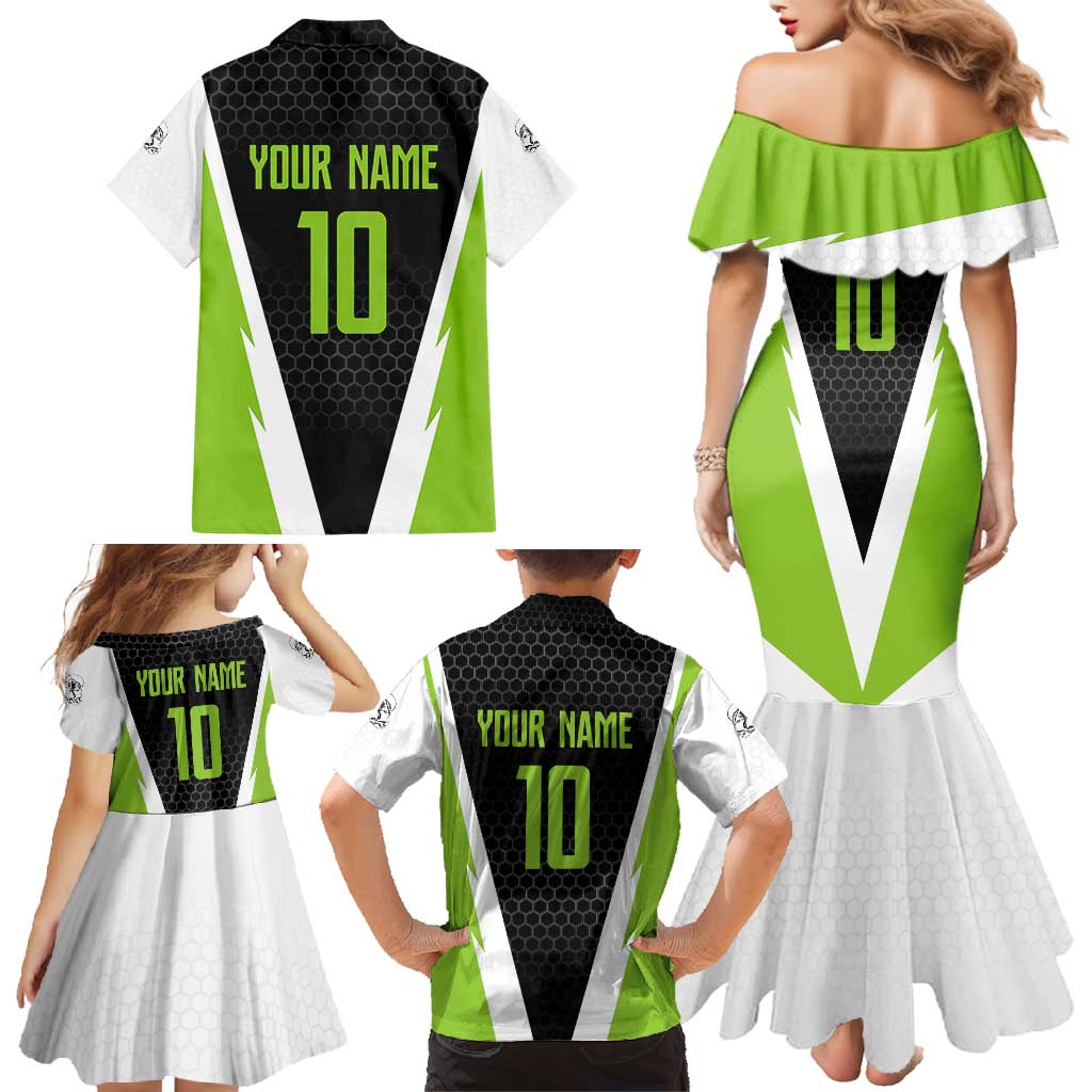 Personalized Custom Bass Fishing Family Matching Mermaid Dress and Hawaiian Shirt Jumping Fish Graphic and Green Black Honeycomb - Wonder Print Shop
