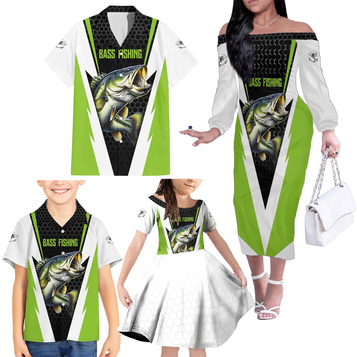 Personalized Custom Bass Fishing Family Matching Off The Shoulder Long Sleeve Dress and Hawaiian Shirt Jumping Fish Graphic and Green Black Honeycomb - Wonder Print Shop