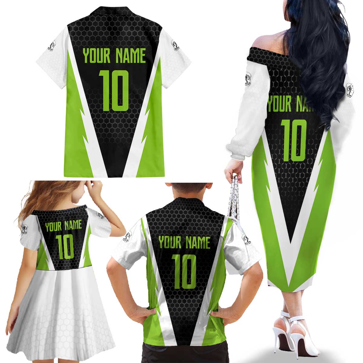 Personalized Custom Bass Fishing Family Matching Off The Shoulder Long Sleeve Dress and Hawaiian Shirt Jumping Fish Graphic and Green Black Honeycomb - Wonder Print Shop
