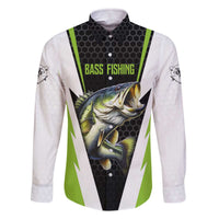 Personalized Custom Bass Fishing Family Matching Off The Shoulder Long Sleeve Dress and Hawaiian Shirt Jumping Fish Graphic and Green Black Honeycomb - Wonder Print Shop