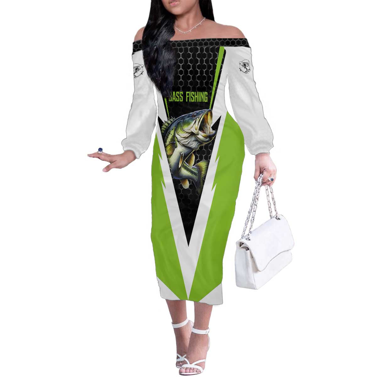 Personalized Custom Bass Fishing Family Matching Off The Shoulder Long Sleeve Dress and Hawaiian Shirt Jumping Fish Graphic and Green Black Honeycomb - Wonder Print Shop
