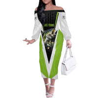 Personalized Custom Bass Fishing Family Matching Off The Shoulder Long Sleeve Dress and Hawaiian Shirt Jumping Fish Graphic and Green Black Honeycomb - Wonder Print Shop