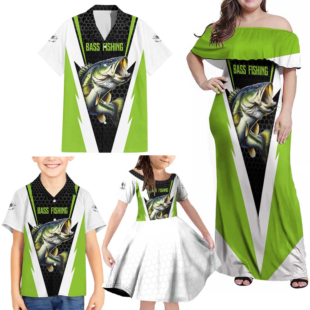 Personalized Custom Bass Fishing Family Matching Off Shoulder Maxi Dress and Hawaiian Shirt Jumping Fish Graphic and Green Black Honeycomb - Wonder Print Shop