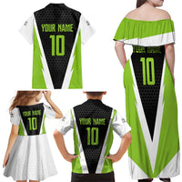 Personalized Custom Bass Fishing Family Matching Off Shoulder Maxi Dress and Hawaiian Shirt Jumping Fish Graphic and Green Black Honeycomb - Wonder Print Shop