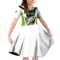Personalized Custom Bass Fishing Family Matching Off Shoulder Short Dress and Hawaiian Shirt Jumping Fish Graphic and Green Black Honeycomb - Wonder Print Shop