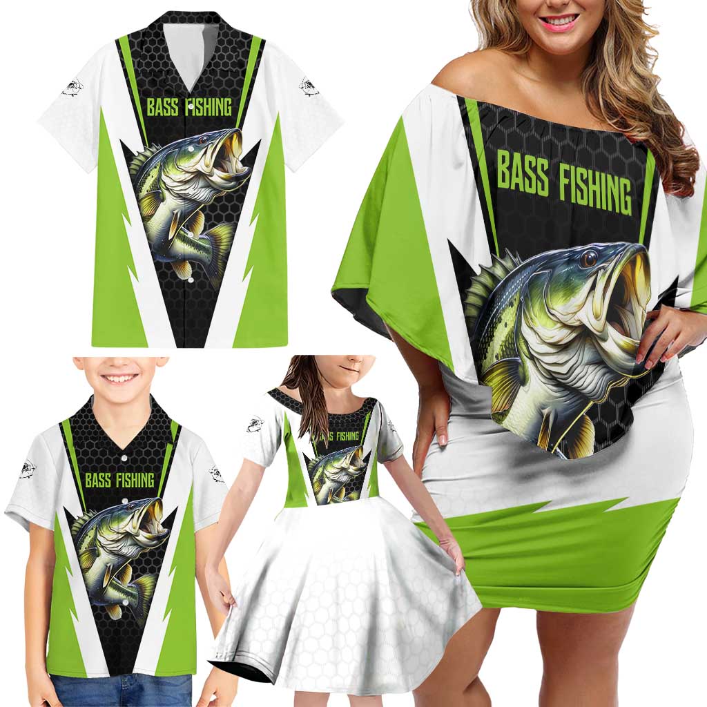 Personalized Custom Bass Fishing Family Matching Off Shoulder Short Dress and Hawaiian Shirt Jumping Fish Graphic and Green Black Honeycomb - Wonder Print Shop