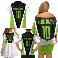 Personalized Custom Bass Fishing Family Matching Off Shoulder Short Dress and Hawaiian Shirt Jumping Fish Graphic and Green Black Honeycomb - Wonder Print Shop