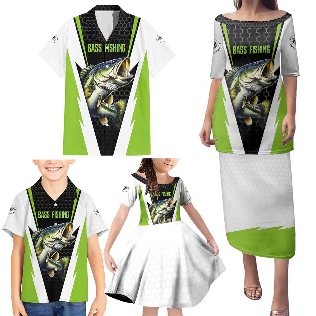 Personalized Custom Bass Fishing Family Matching Puletasi and Hawaiian Shirt Jumping Fish Graphic and Green Black Honeycomb - Wonder Print Shop