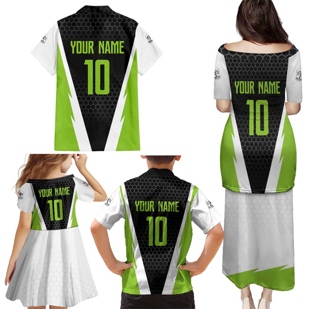 Personalized Custom Bass Fishing Family Matching Puletasi and Hawaiian Shirt Jumping Fish Graphic and Green Black Honeycomb - Wonder Print Shop