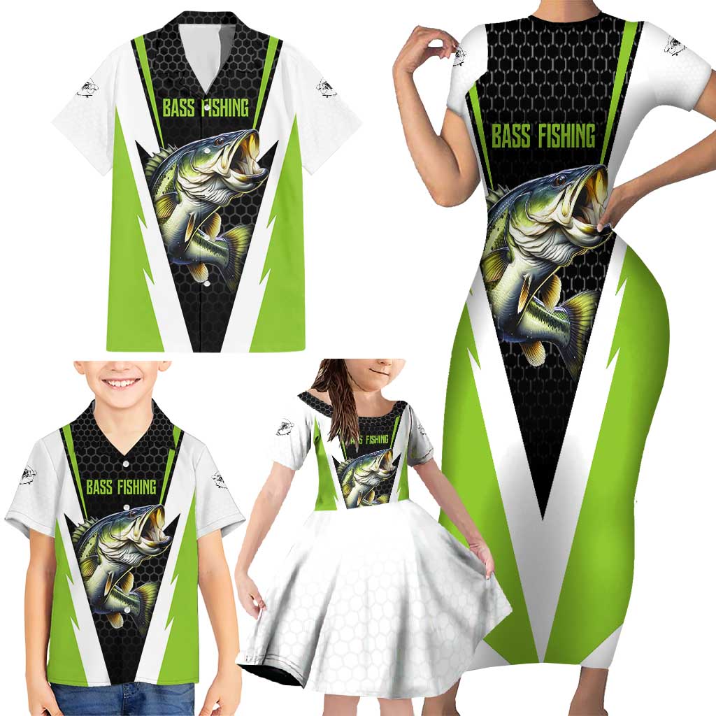 Personalized Custom Bass Fishing Family Matching Short Sleeve Bodycon Dress and Hawaiian Shirt Jumping Fish Graphic and Green Black Honeycomb - Wonder Print Shop