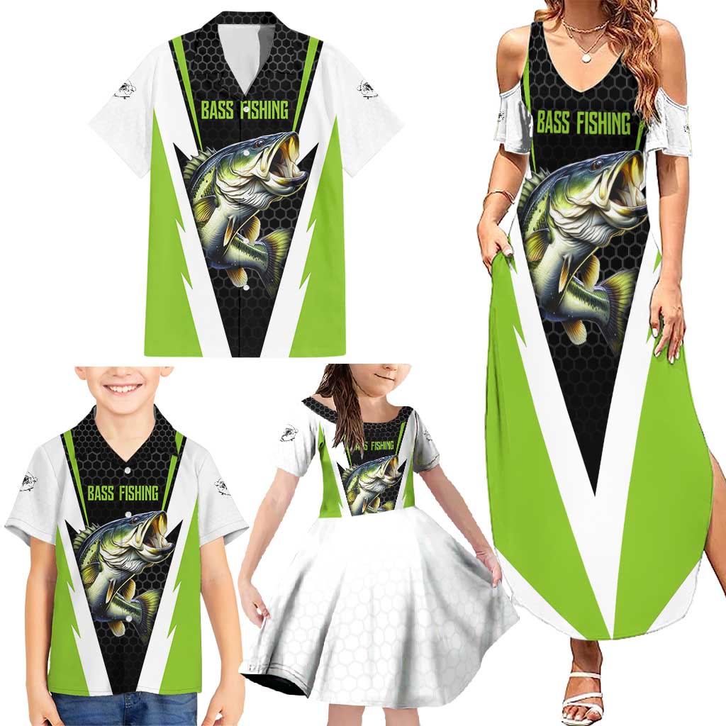 Personalized Custom Bass Fishing Family Matching Summer Maxi Dress and Hawaiian Shirt Jumping Fish Graphic and Green Black Honeycomb - Wonder Print Shop