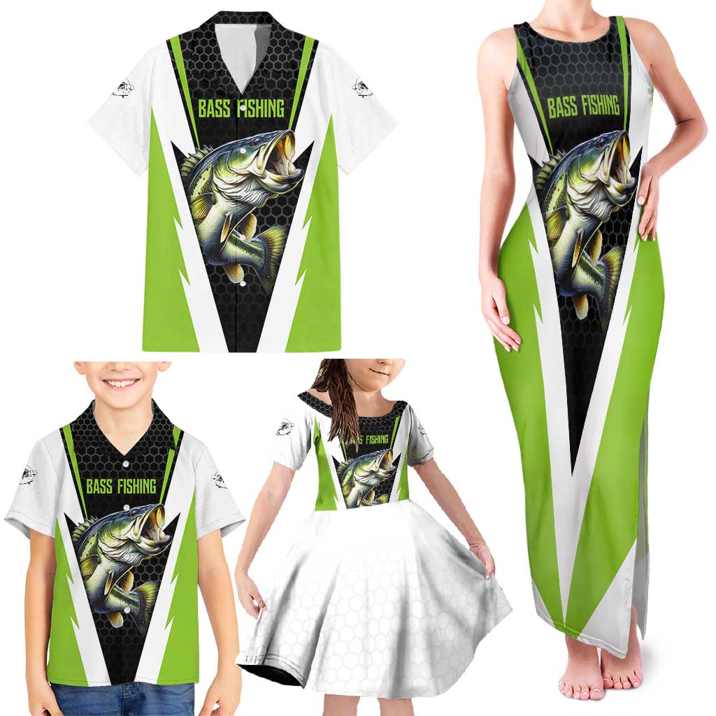 Personalized Custom Bass Fishing Family Matching Tank Maxi Dress and Hawaiian Shirt Jumping Fish Graphic and Green Black Honeycomb - Wonder Print Shop