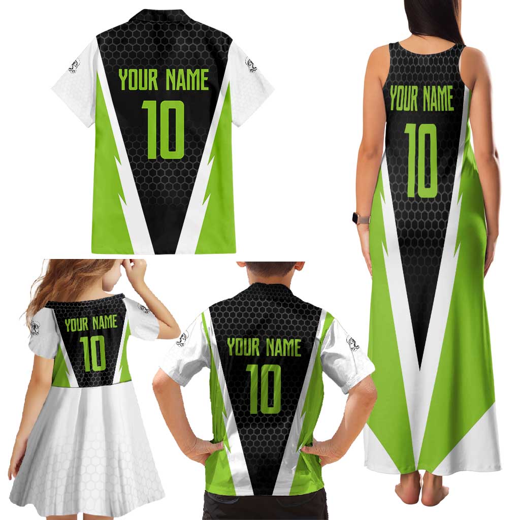 Personalized Custom Bass Fishing Family Matching Tank Maxi Dress and Hawaiian Shirt Jumping Fish Graphic and Green Black Honeycomb - Wonder Print Shop