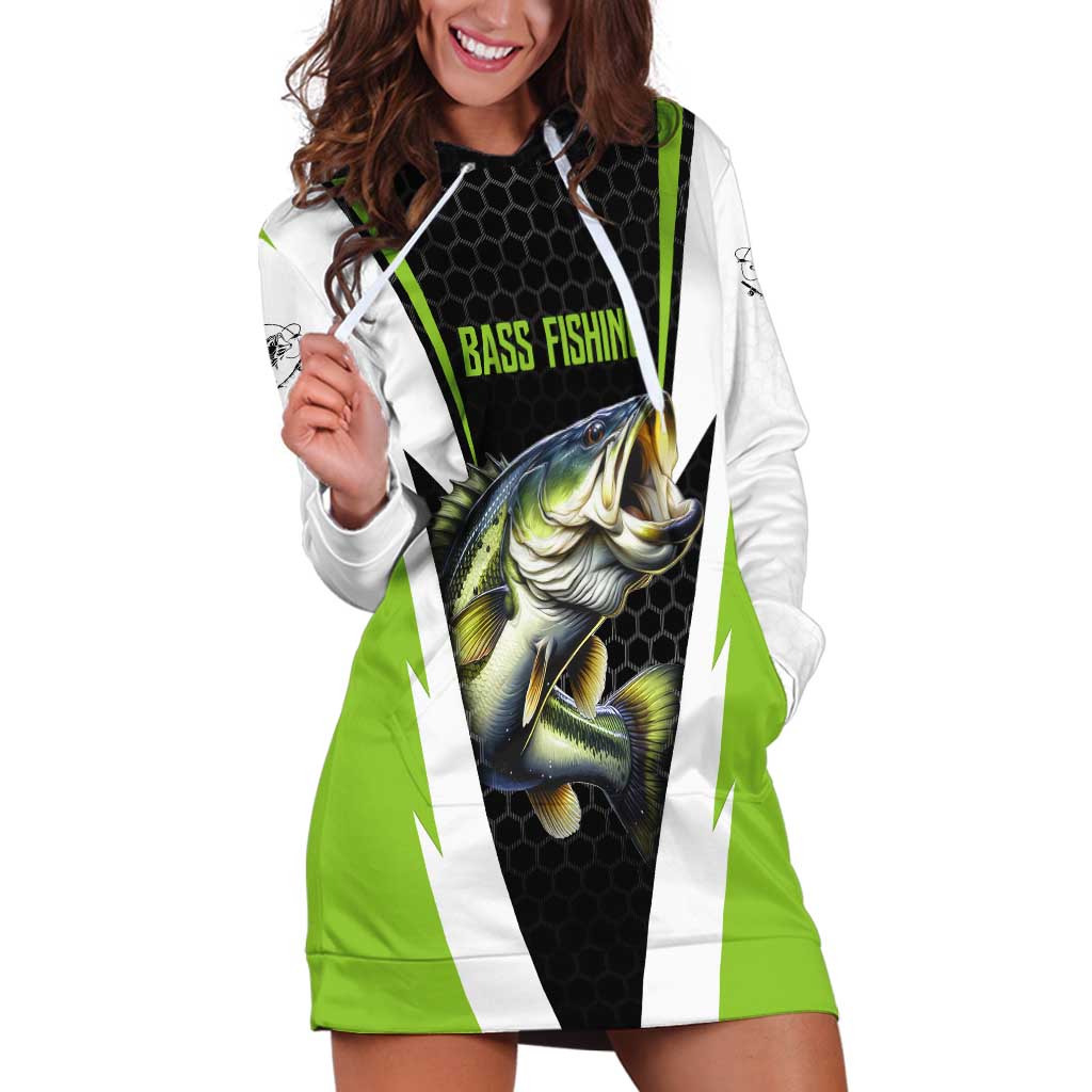 Personalized Custom Bass Fishing Hoodie Dress Jumping Fish Graphic and Green Black Honeycomb - Wonder Print Shop