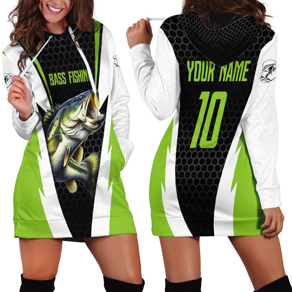 Personalized Custom Bass Fishing Hoodie Dress Jumping Fish Graphic and Green Black Honeycomb - Wonder Print Shop