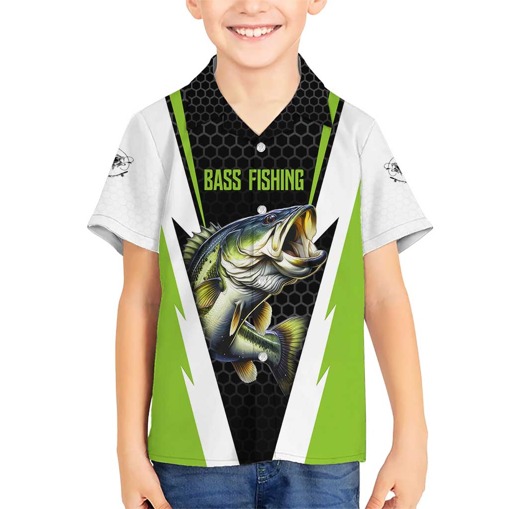 Personalized Custom Bass Fishing Kid Hawaiian Shirt Jumping Fish Graphic and Green Black Honeycomb - Wonder Print Shop