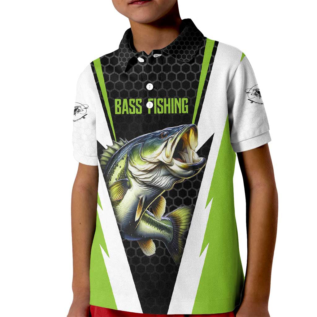 Personalized Custom Bass Fishing Kid Polo Shirt Jumping Fish Graphic and Green Black Honeycomb - Wonder Print Shop
