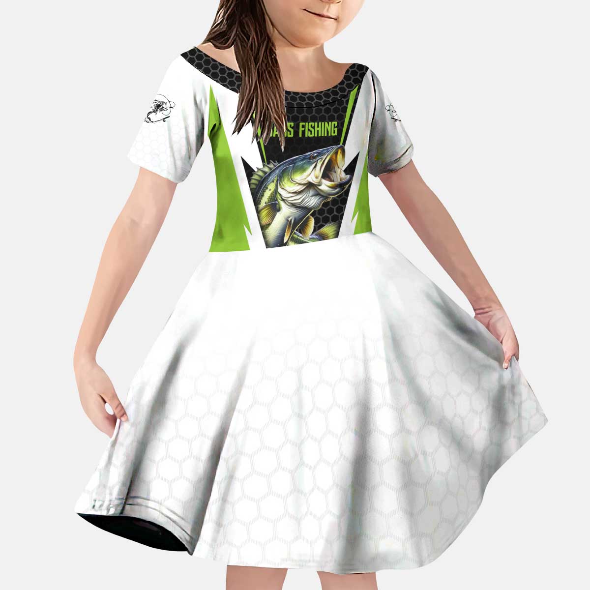Personalized Custom Bass Fishing Kid Short Sleeve Dress Jumping Fish Graphic and Green Black Honeycomb - Wonder Print Shop