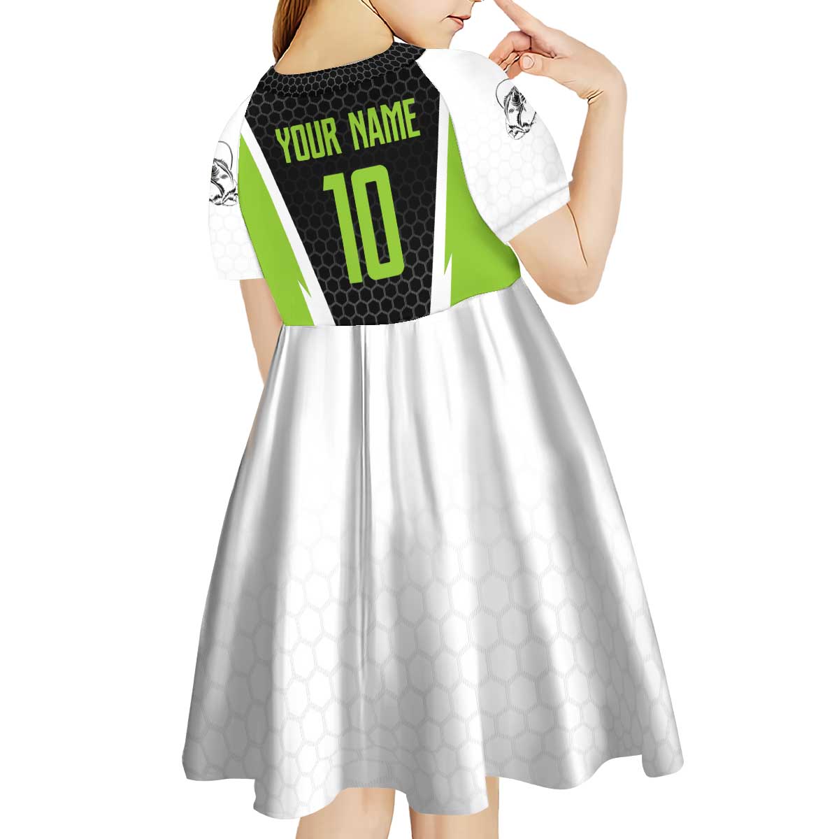 Personalized Custom Bass Fishing Kid Short Sleeve Dress Jumping Fish Graphic and Green Black Honeycomb - Wonder Print Shop