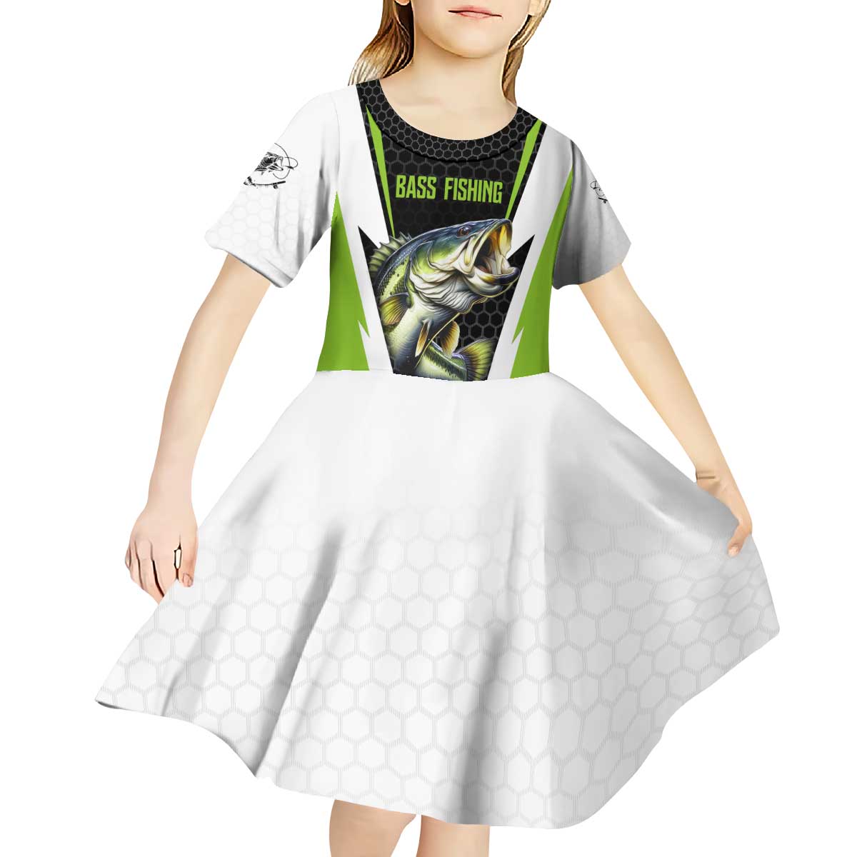 Personalized Custom Bass Fishing Kid Short Sleeve Dress Jumping Fish Graphic and Green Black Honeycomb - Wonder Print Shop