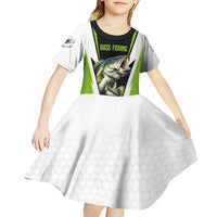 Personalized Custom Bass Fishing Kid Short Sleeve Dress Jumping Fish Graphic and Green Black Honeycomb - Wonder Print Shop