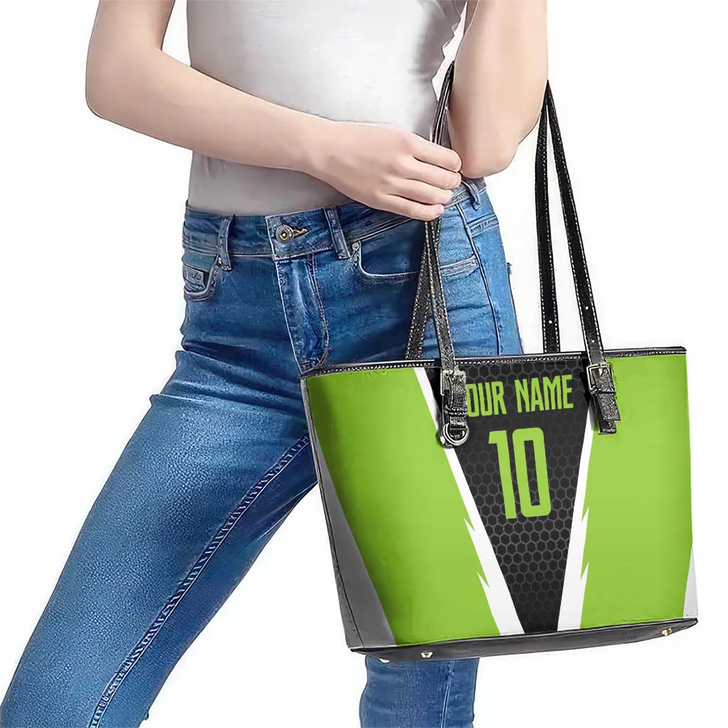 Personalized Custom Bass Fishing Leather Tote Bag Jumping Fish Graphic and Green Black Honeycomb - Wonder Print Shop