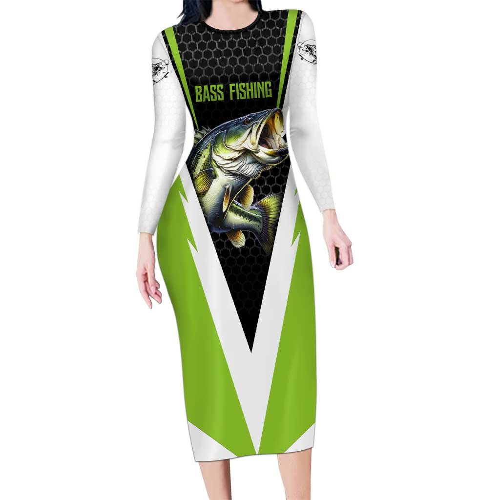 Personalized Custom Bass Fishing Long Sleeve Bodycon Dress Jumping Fish Graphic and Green Black Honeycomb - Wonder Print Shop