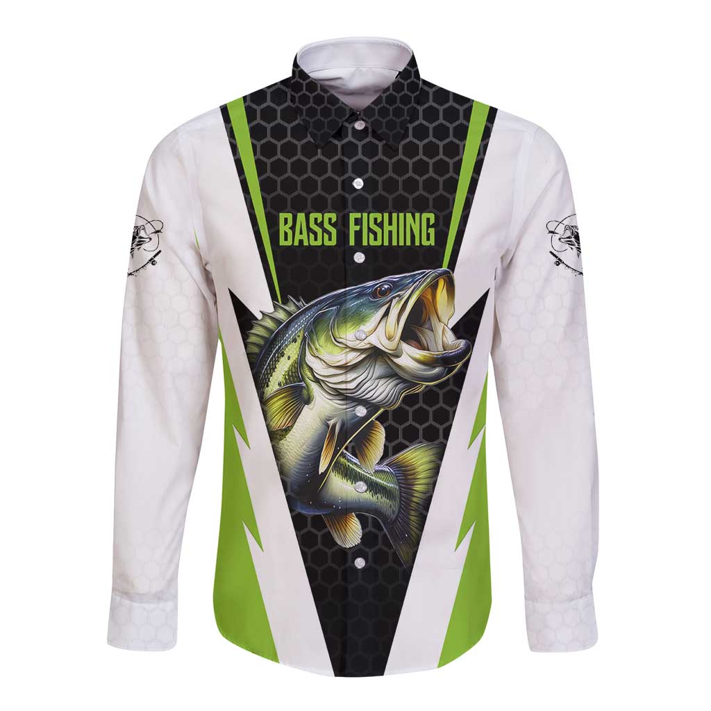 Personalized Custom Bass Fishing Long Sleeve Button Shirt Jumping Fish Graphic and Green Black Honeycomb - Wonder Print Shop