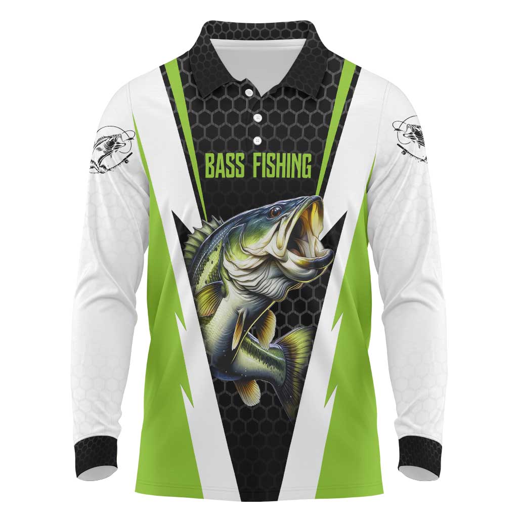 Personalized Custom Bass Fishing Long Sleeve Polo Shirt Jumping Fish Graphic and Green Black Honeycomb - Wonder Print Shop