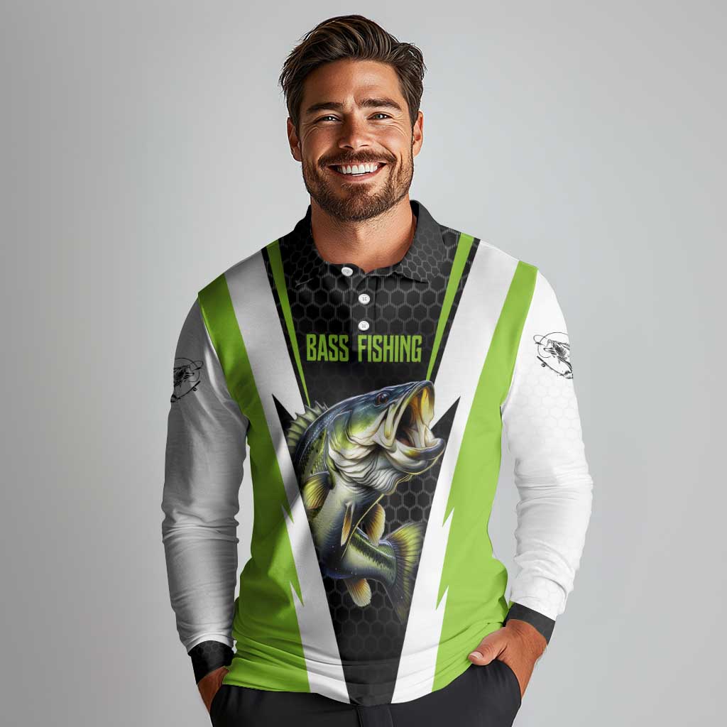 Personalized Custom Bass Fishing Long Sleeve Polo Shirt Jumping Fish Graphic and Green Black Honeycomb - Wonder Print Shop