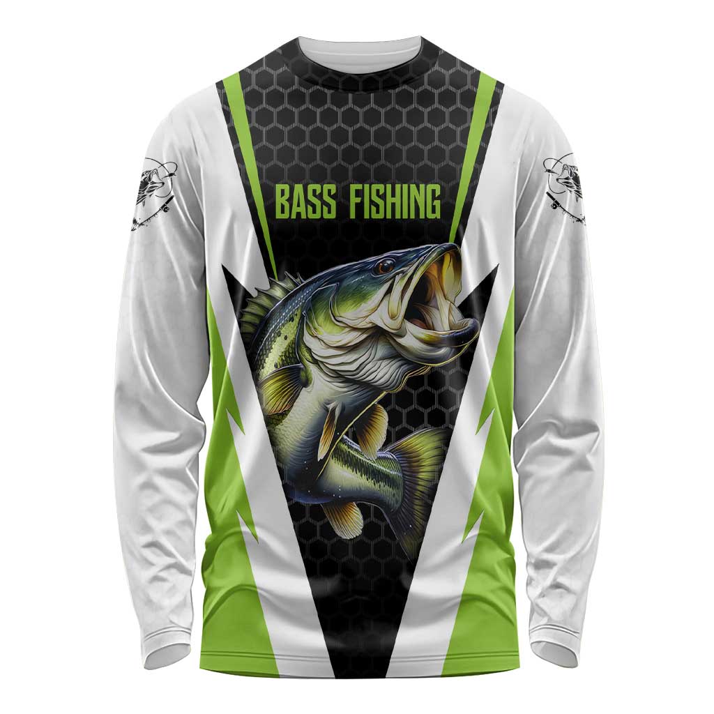 Personalized Custom Bass Fishing Long Sleeve Shirt Jumping Fish Graphic and Green Black Honeycomb - Wonder Print Shop