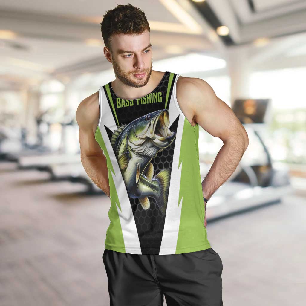 Personalized Custom Bass Fishing Men Tank Top Jumping Fish Graphic and Green Black Honeycomb - Wonder Print Shop