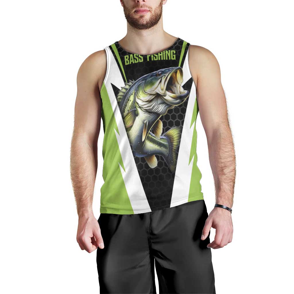 Personalized Custom Bass Fishing Men Tank Top Jumping Fish Graphic and Green Black Honeycomb - Wonder Print Shop