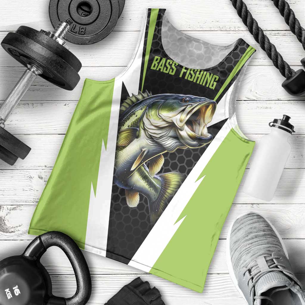 Personalized Custom Bass Fishing Men Tank Top Jumping Fish Graphic and Green Black Honeycomb - Wonder Print Shop