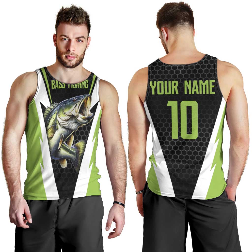 Personalized Custom Bass Fishing Men Tank Top Jumping Fish Graphic and Green Black Honeycomb - Wonder Print Shop