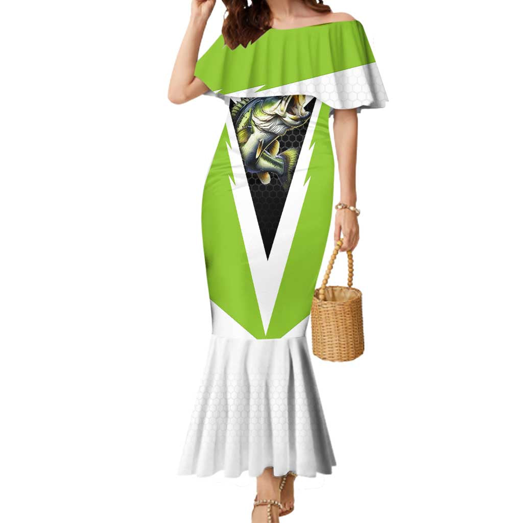 Personalized Custom Bass Fishing Mermaid Dress Jumping Fish Graphic and Green Black Honeycomb - Wonder Print Shop