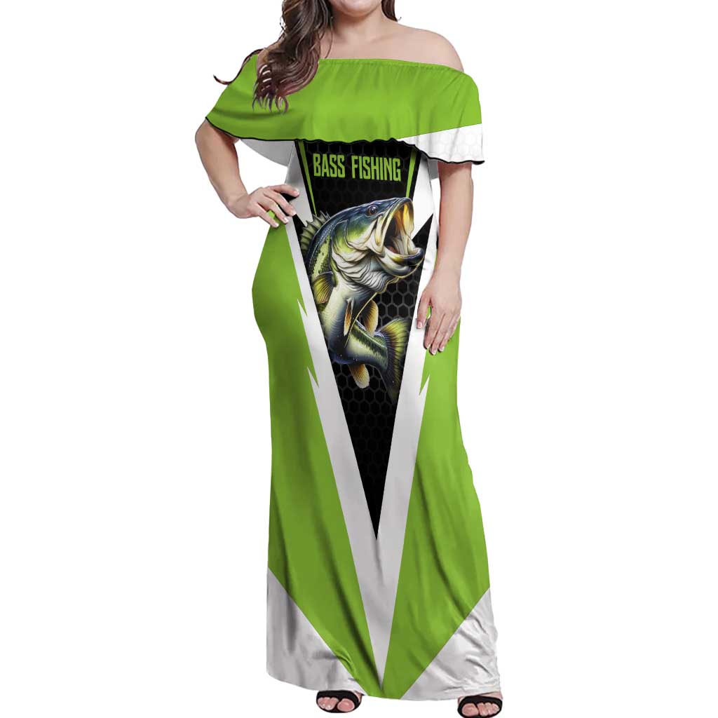 Personalized Custom Bass Fishing Off Shoulder Maxi Dress Jumping Fish Graphic and Green Black Honeycomb - Wonder Print Shop