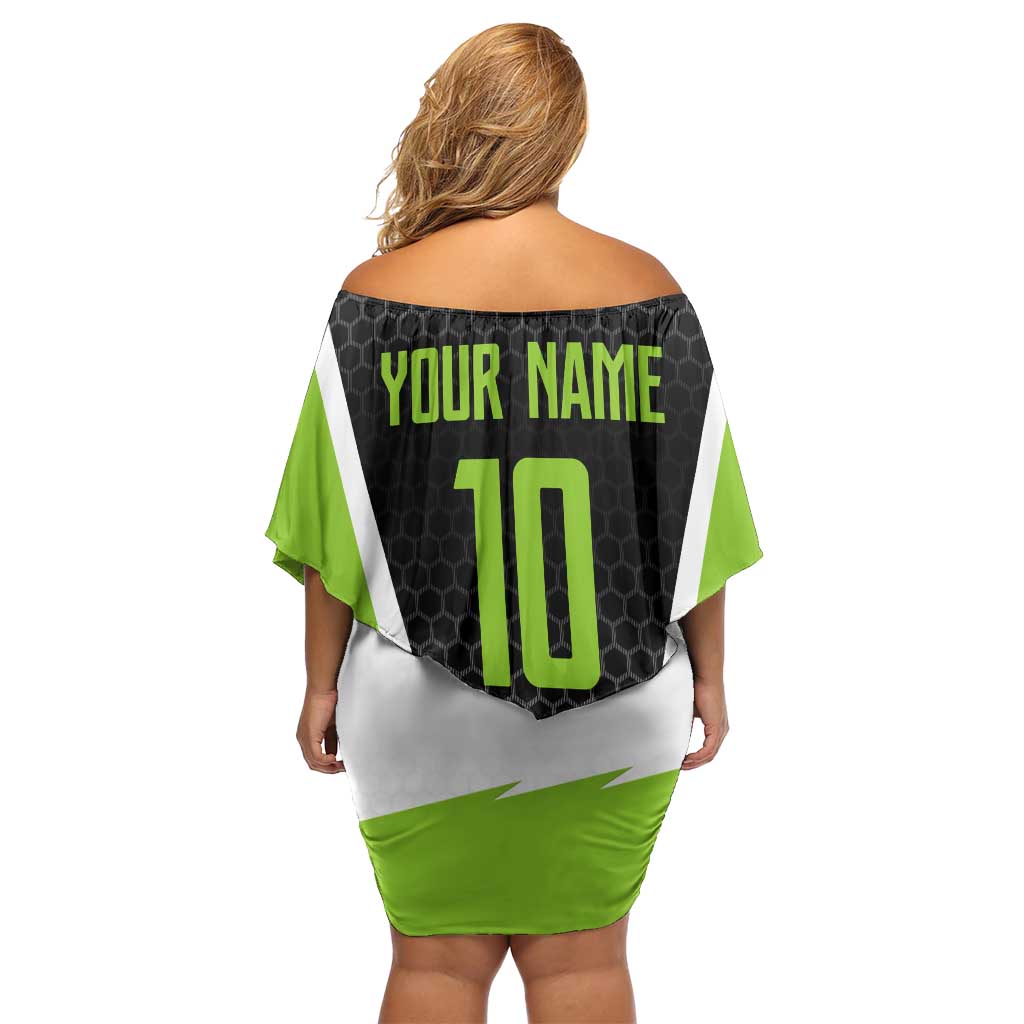 Personalized Custom Bass Fishing Off Shoulder Short Dress Jumping Fish Graphic and Green Black Honeycomb - Wonder Print Shop