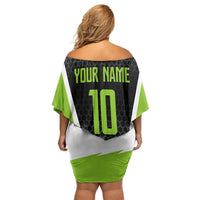 Personalized Custom Bass Fishing Off Shoulder Short Dress Jumping Fish Graphic and Green Black Honeycomb - Wonder Print Shop