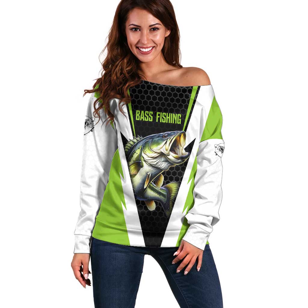 Personalized Custom Bass Fishing Off Shoulder Sweater Jumping Fish Graphic and Green Black Honeycomb - Wonder Print Shop
