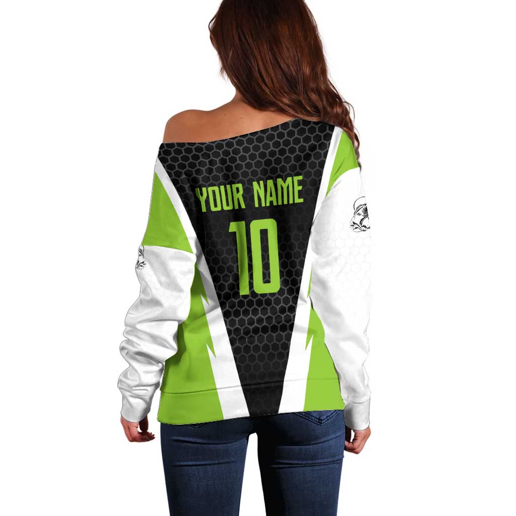 Personalized Custom Bass Fishing Off Shoulder Sweater Jumping Fish Graphic and Green Black Honeycomb - Wonder Print Shop