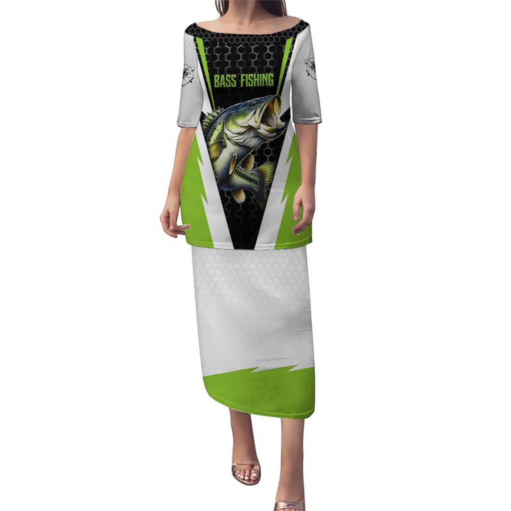 Personalized Custom Bass Fishing Puletasi Jumping Fish Graphic and Green Black Honeycomb - Wonder Print Shop