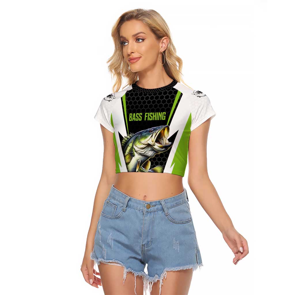 Personalized Custom Bass Fishing Raglan Cropped T Shirt Jumping Fish Graphic and Green Black Honeycomb - Wonder Print Shop