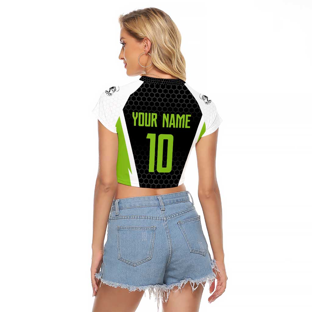 Personalized Custom Bass Fishing Raglan Cropped T Shirt Jumping Fish Graphic and Green Black Honeycomb - Wonder Print Shop