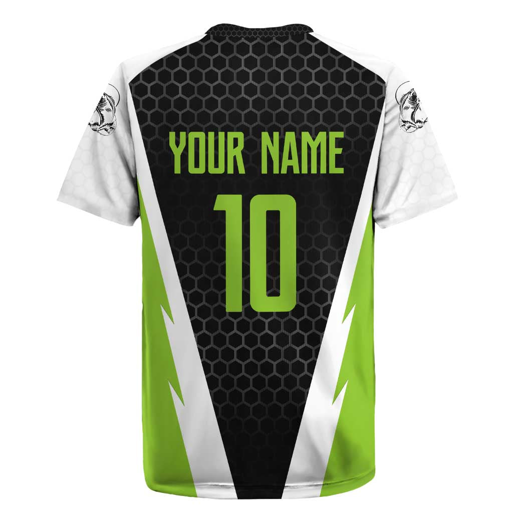 Personalized Custom Bass Fishing Rugby Jersey Jumping Fish Graphic and Green Black Honeycomb - Wonder Print Shop